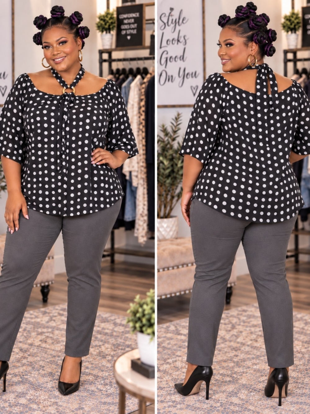 Plus Size Polka Dot Tie-Neck